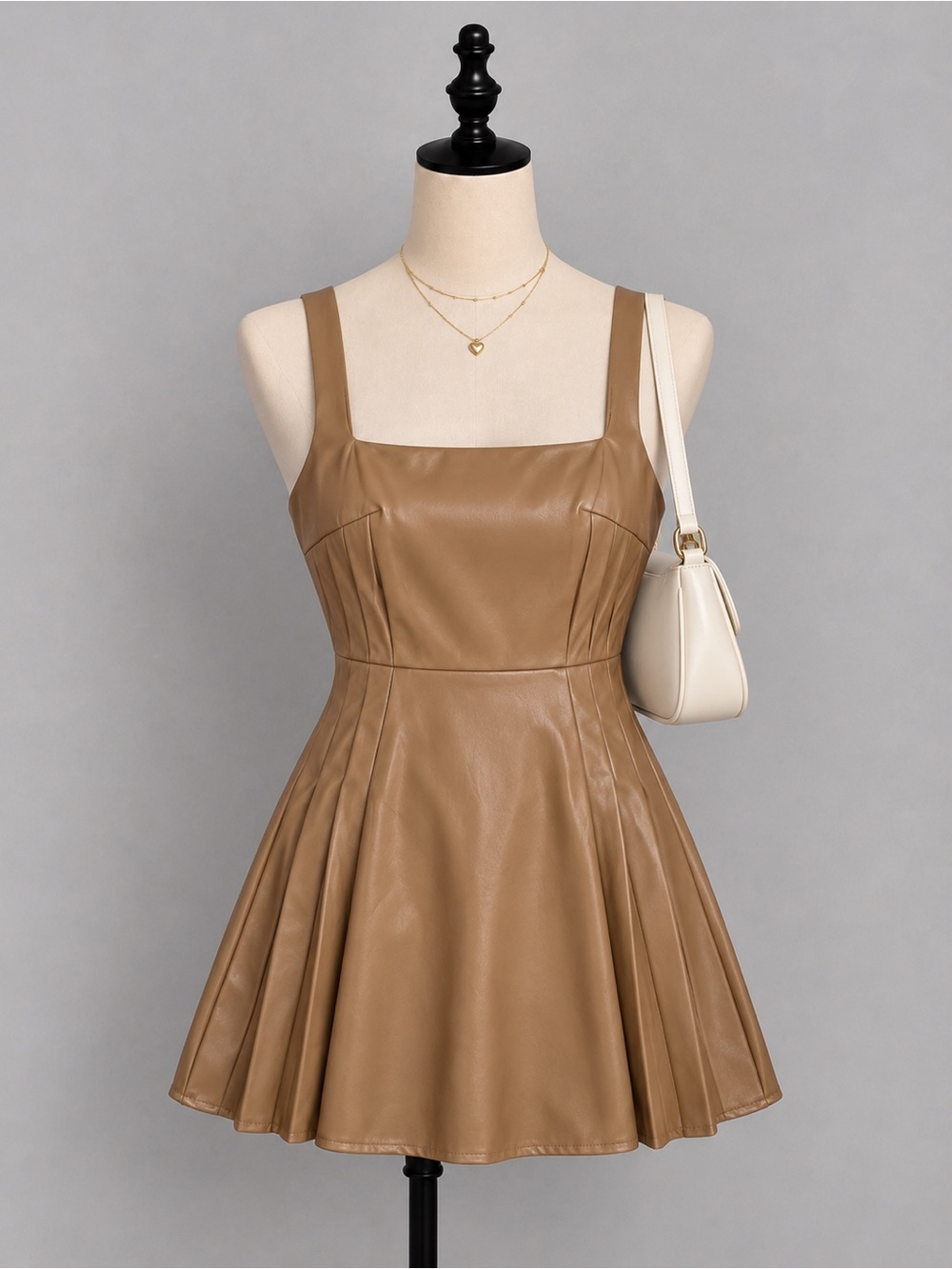 Love Tree Tan Faux-Leather Pleated Midi Dress